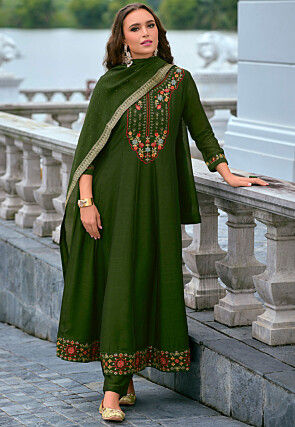 Embroidered Art Silk Anarkali Suit in Dark Olive Green