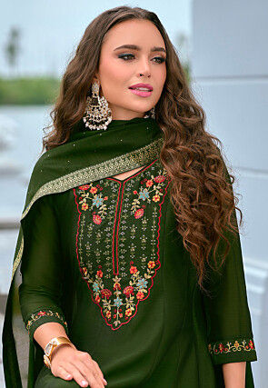 Embroidered Art Silk Anarkali Suit in Dark Olive Green