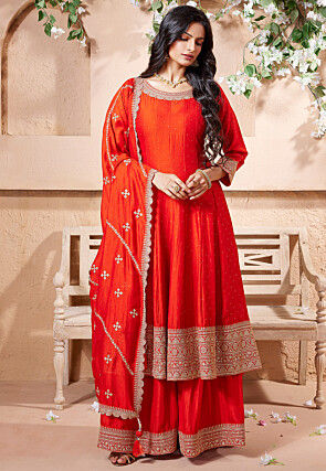 Embroidered Art Silk Anarkali Suit in Dark Orange