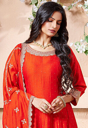 Embroidered Art Silk Anarkali Suit in Dark Orange