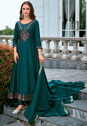 Embroidered Art Silk Anarkali Suit in Dark Teal Blue