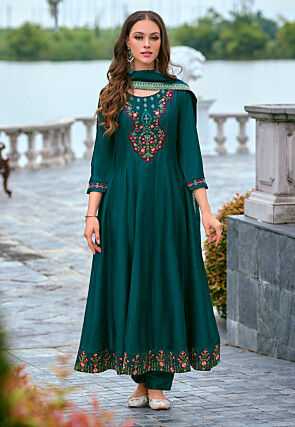 Embroidered Art Silk Anarkali Suit in Dark Teal Blue