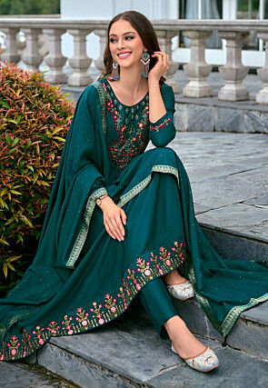 Embroidered Art Silk Anarkali Suit in Dark Teal Blue