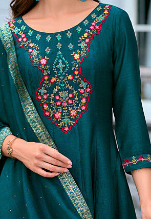 Embroidered Art Silk Anarkali Suit in Dark Teal Blue