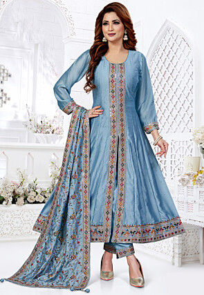 Embroidered Art Silk Anarkali Suit in Dusty Blue