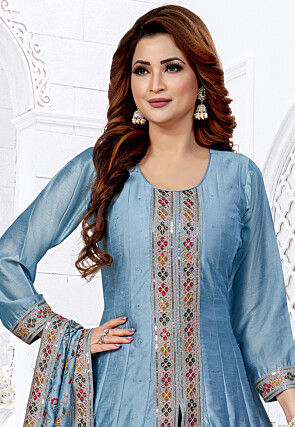 Embroidered Art Silk Anarkali Suit in Dusty Blue