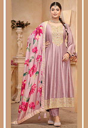 Embroidered Art Silk Anarkali Suit in Dusty Purple