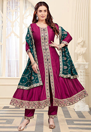 Embroidered Art Silk Anarkali Suit in Fuchsia
