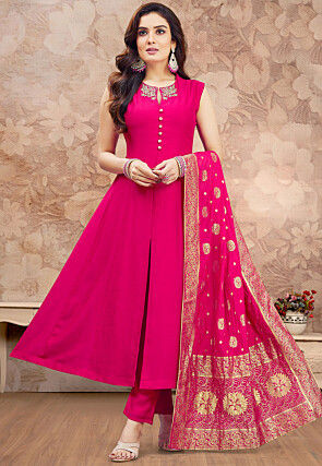 Embroidered Art Silk Anarkali Suit in Fuchsia