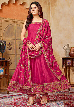 Embroidered Art Silk Anarkali Suit in Fuchsia