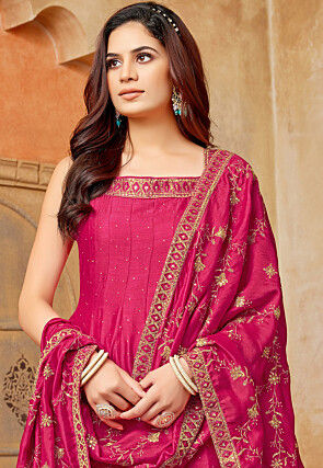 Embroidered Art Silk Anarkali Suit in Fuchsia