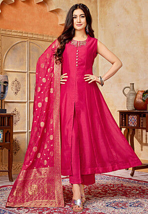 Embroidered Art Silk Anarkali Suit in Fuchsia