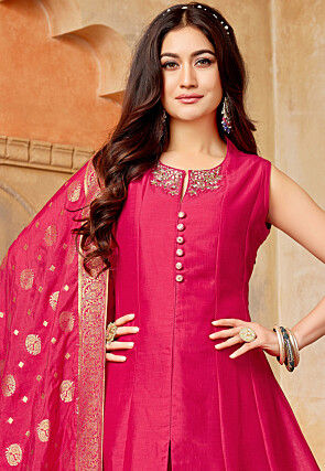 Embroidered Art Silk Anarkali Suit in Fuchsia