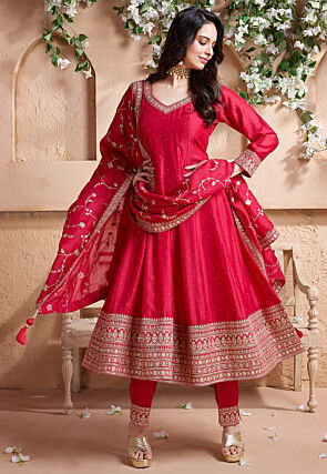 Embroidered Art Silk Anarkali Suit in Fuchsia