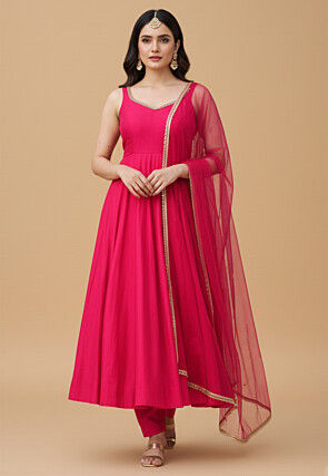 Embroidered Art Silk Anarkali Suit in Fuchsia