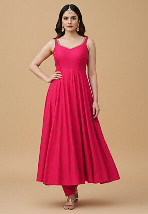 Embroidered Art Silk Anarkali Suit in Fuchsia