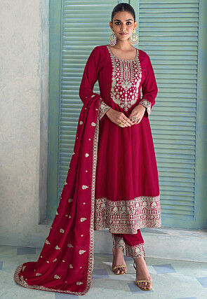 Embroidered Art Silk Anarkali Suit in Fuchsia