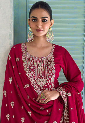 Embroidered Art Silk Anarkali Suit in Fuchsia