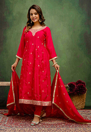 Embroidered Art Silk Anarkali Suit in Fuchsia
