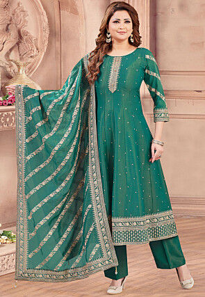 Embroidered Art Silk Anarkali Suit in Green