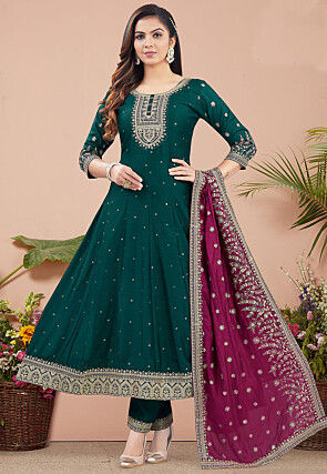 Embroidered Art Silk Anarkali suit in Green