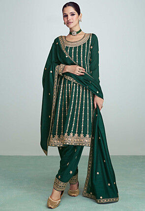 Embroidered Art Silk Anarkali Suit in Green