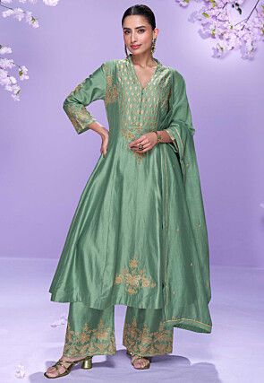 Embroidered Art Silk Anarkali Suit in Dusty Green