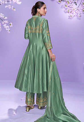 Embroidered Art Silk Anarkali Suit in Dusty Green