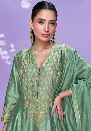 Embroidered Art Silk Anarkali Suit in Dusty Green