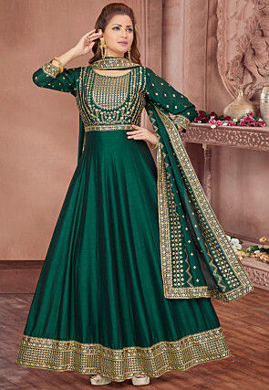 Embroidered Art Silk Anarkali Suit in Green