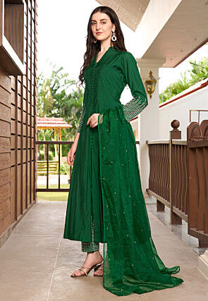 Embroidered Art Silk Anarkali Suit in Green