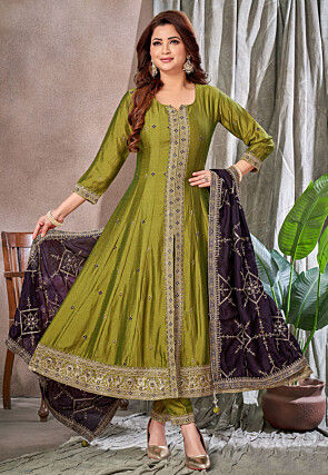 Embroidered Art Silk Anarkali Suit in Green