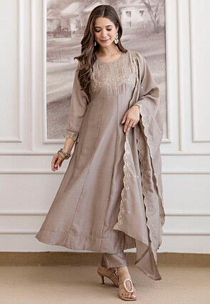 Embroidered Art Silk Anarkali Suit in Grey