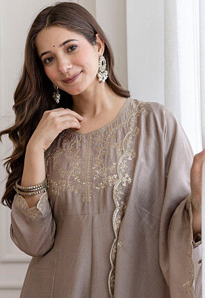 Embroidered Art Silk Anarkali Suit in Grey