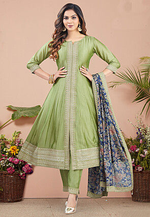 Embroidered Art Silk Anarkali suit in Light Green