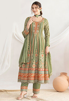 Embroidered Art Silk Anarkali Suit in Light Green