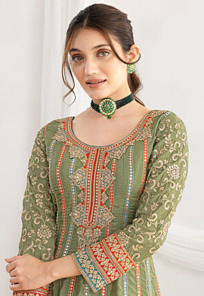 Embroidered Art Silk Anarkali Suit in Light Green