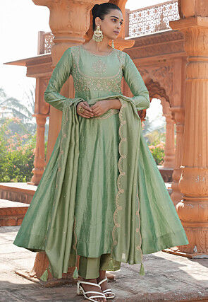 Embroidered Art Silk Anarkali Suit in Light Green