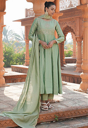 Embroidered Art Silk Anarkali Suit in Light Green