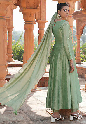 Embroidered Art Silk Anarkali Suit in Light Green