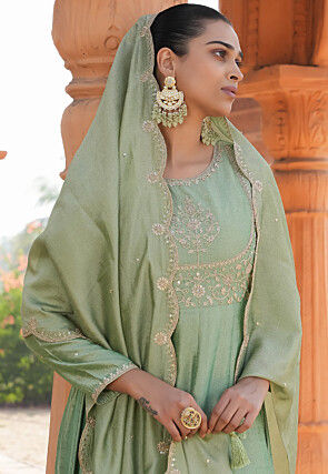 Embroidered Art Silk Anarkali Suit in Light Green