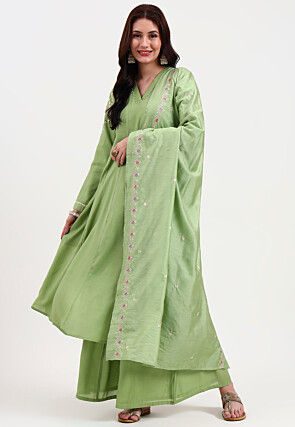 Embroidered Art Silk Anarkali Suit in Light Green