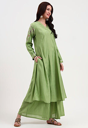 Embroidered Art Silk Anarkali Suit in Light Green