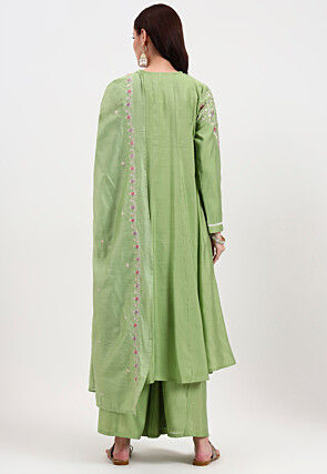 Embroidered Art Silk Anarkali Suit in Light Green
