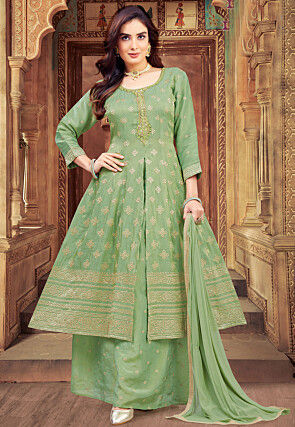 Embroidered Art Silk Anarkali Suit in Liight Green