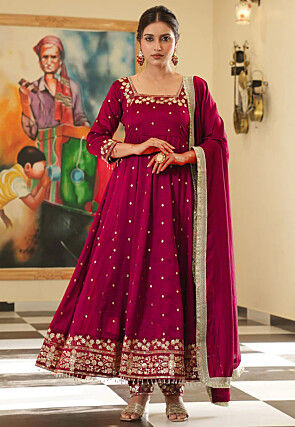 Embroidered Art Silk Anarkali Suit in Magenta