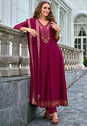 Embroidered Art Silk Anarkali Suit in Magenta