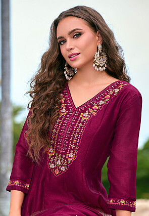 Embroidered Art Silk Anarkali Suit in Magenta