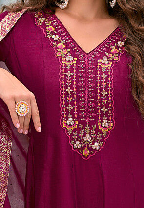 Embroidered Art Silk Anarkali Suit in Magenta