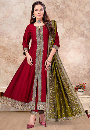 Embroidered Art Silk Anarkali Suit in Maroon